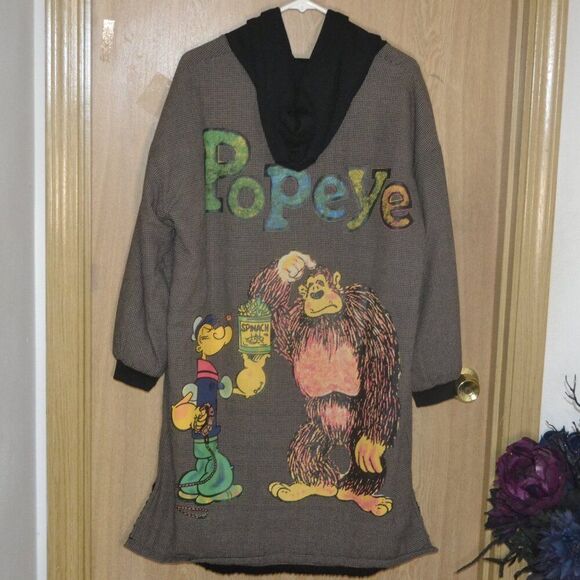 Popeye Graphic Sherpa Lined Button Front long Hoodie - Picture 1 of 12